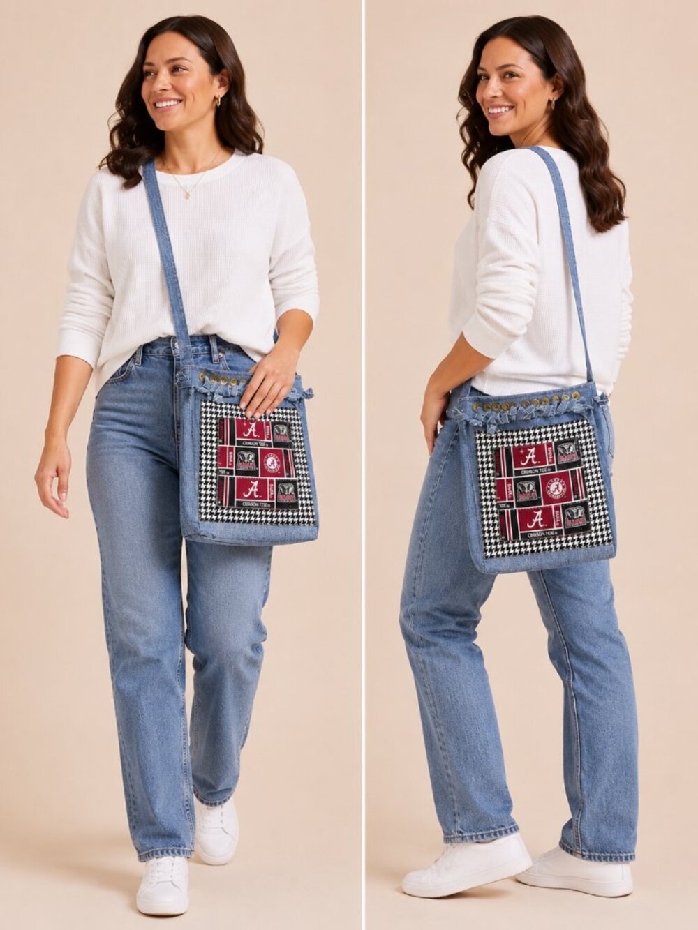 Handmade University of Alabama Crossbody Bag Denim Multi Pocket Crimson Tide